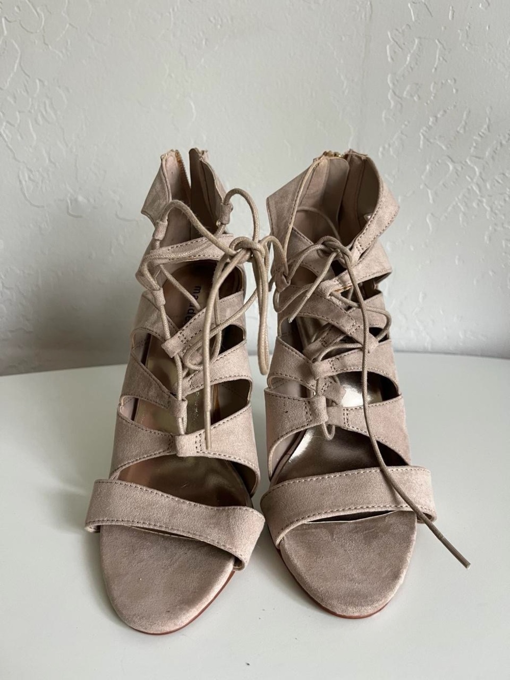 Madden Girl Lace-Up Strappy Heeled Sandals in Taupe